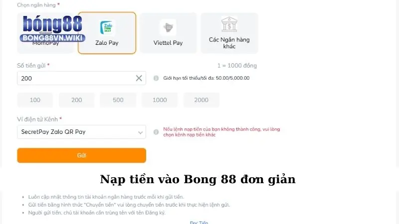 Nạp tiền vào Bong 88 đơn giản